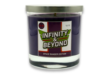 Load image into Gallery viewer, Candle in a glass jar with a label reading 'Infinity & Beyond' on a white background