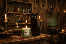 Load image into Gallery viewer, A black cat sits on a wooden table in a rustic, candle-lit alchemy laboratory, looking directly at the camera. In the foreground, a lit candle jar with the label 'Mistral &amp; Sage BLNX' is visible.
