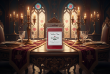 Load image into Gallery viewer, Wax melt container labeled 'Enchanted Forest' on a decorated table with candles and glassware.
