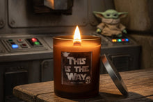 Load image into Gallery viewer, Candle with 'This is the Way' text in a Star Wars-themed setting with a stormtrooper helmet and Yoda figure.
